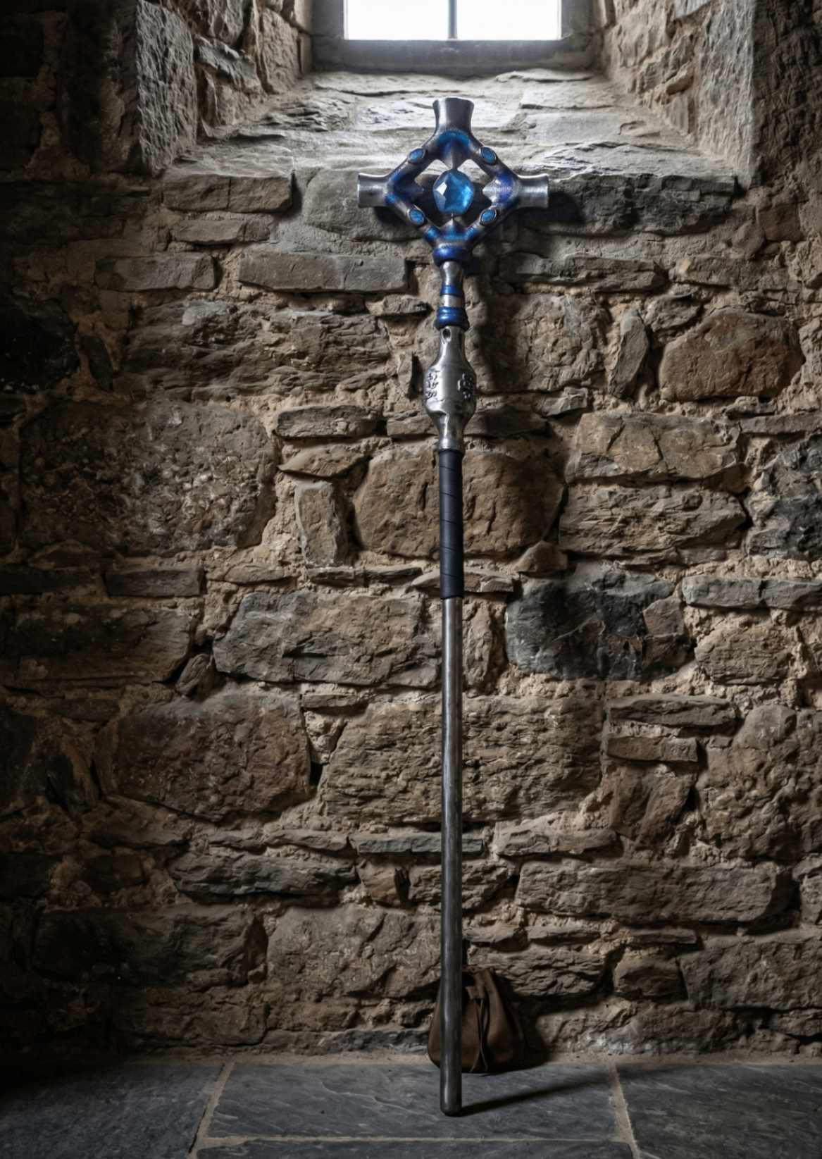 Bâton fantasy sur-mesure — acier, peinture métal, résine époxy