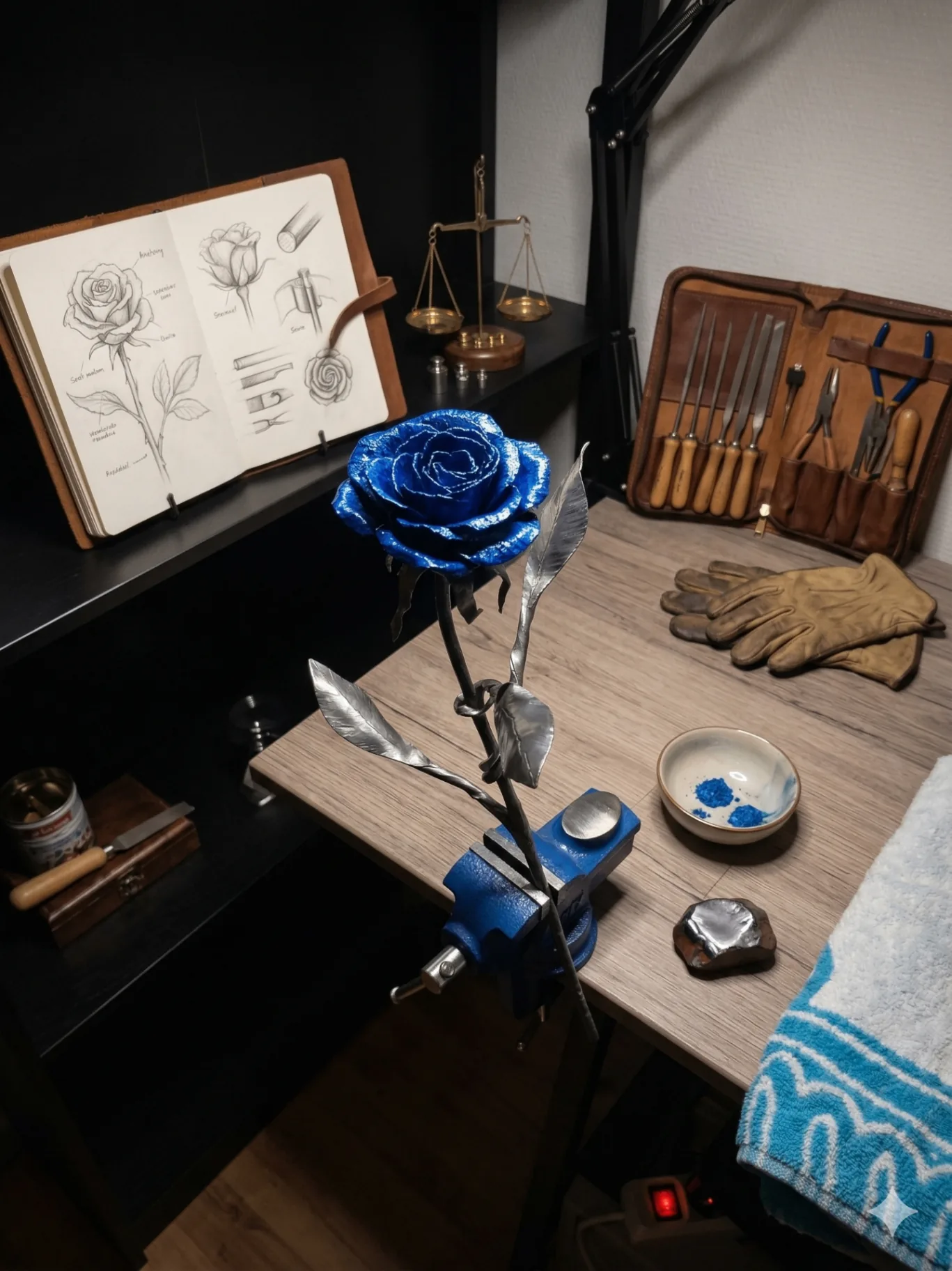 Rose d'acier patinée bleue
